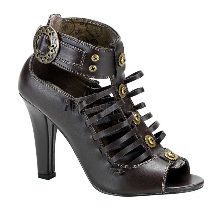 Brown Faux Leather Gear Buckle Steampunk Booties