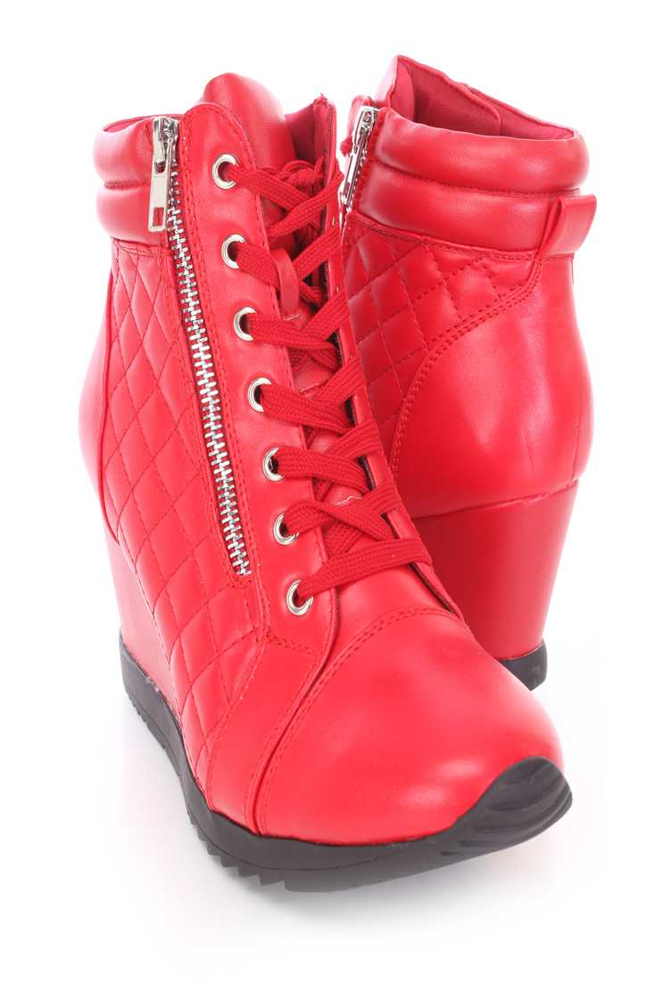 Red Quilted Sneaker Wedges Faux Leather