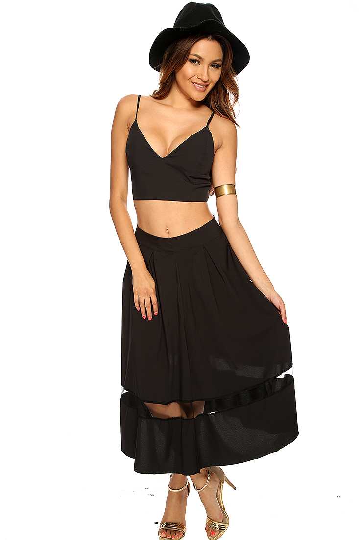 Black Cropped Sheer Striped Sexy Midi 2 Piece Dress