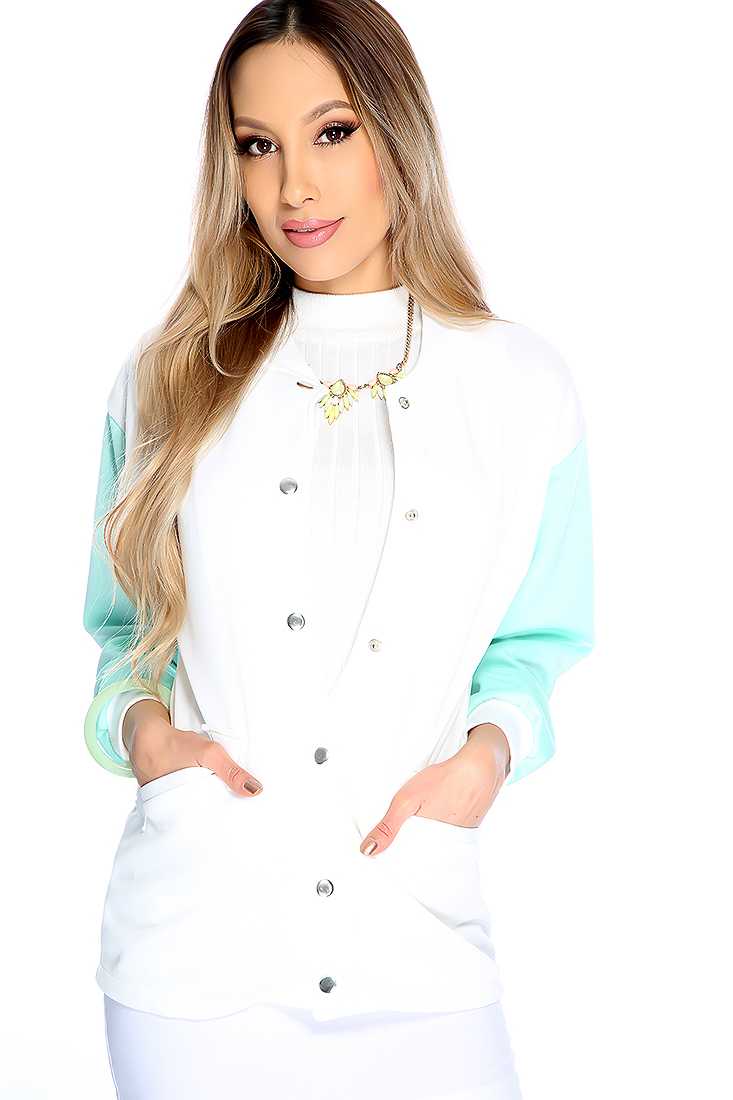 Stylish White Mint Long Sleeve Two Tone Jacket