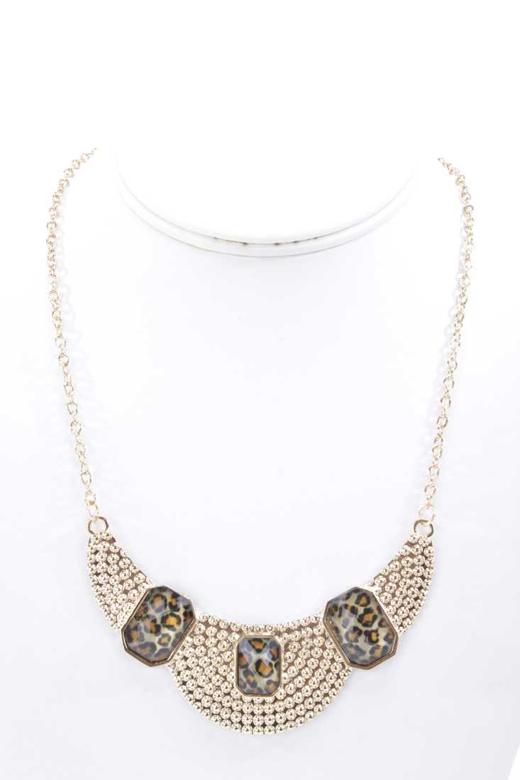 Gold Animal Print Gemstones Textured Necklace