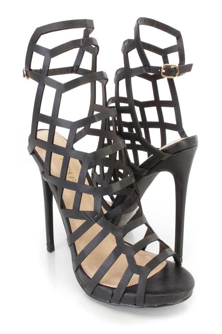 Black Strappy Cut Out Single Sole High Heels Faux Leather