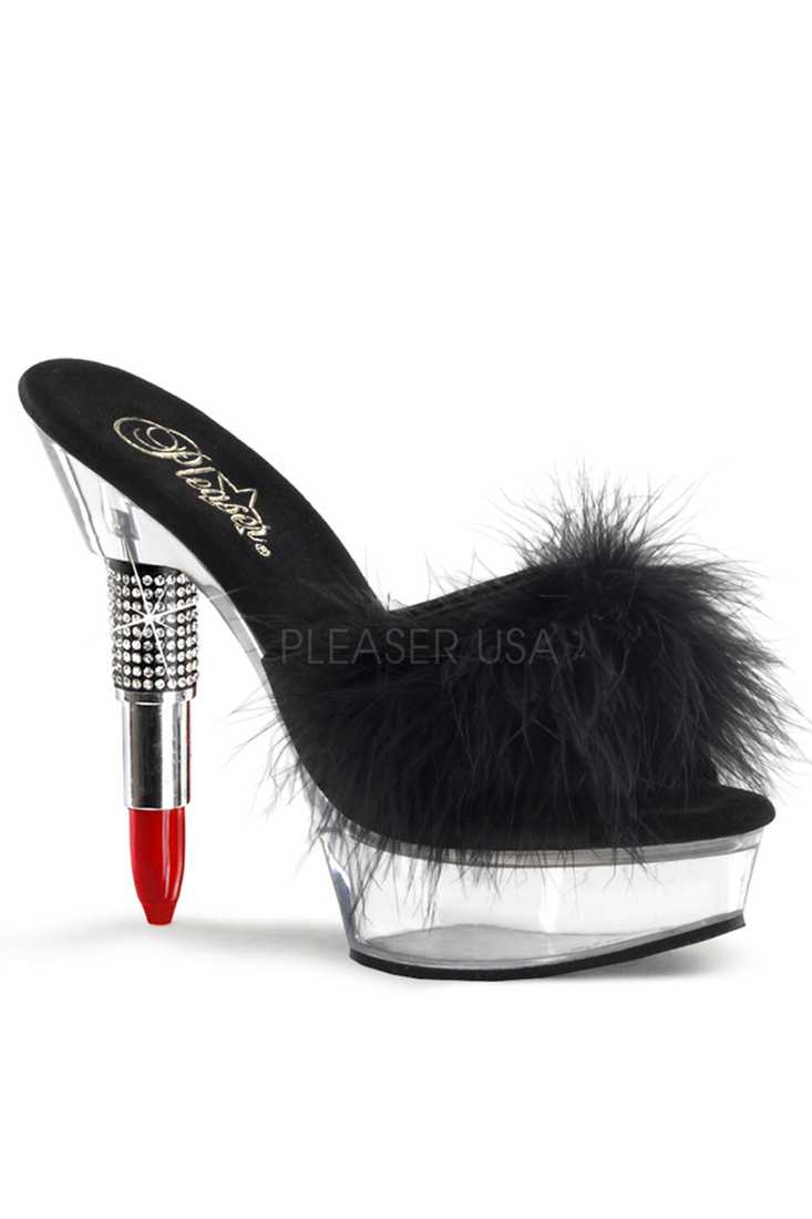 Black Rhinestone Embedded Lipstick Marabou Platform High Heels