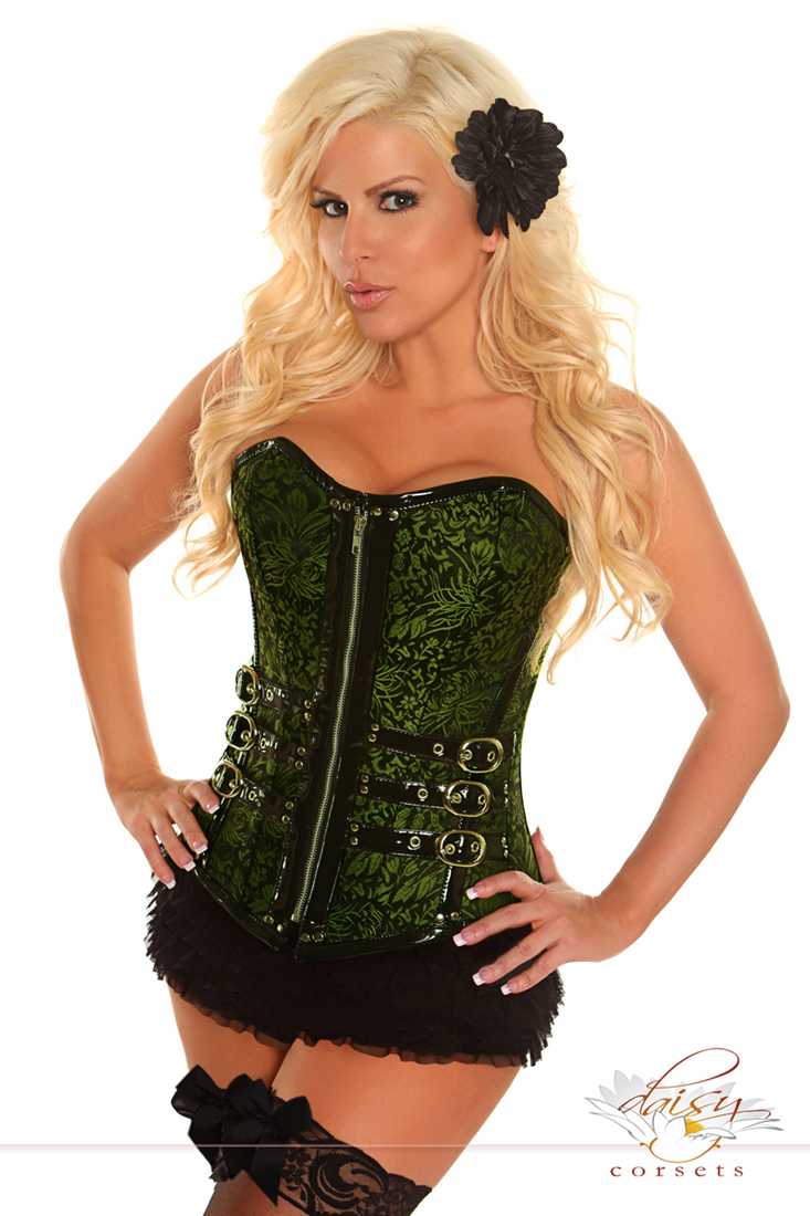 Emerald Buckled Brocade Steel Boned Corset