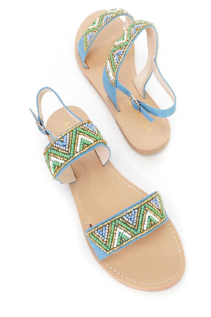 Blue Tribal Beaded Strappy Sandals Faux Leather
