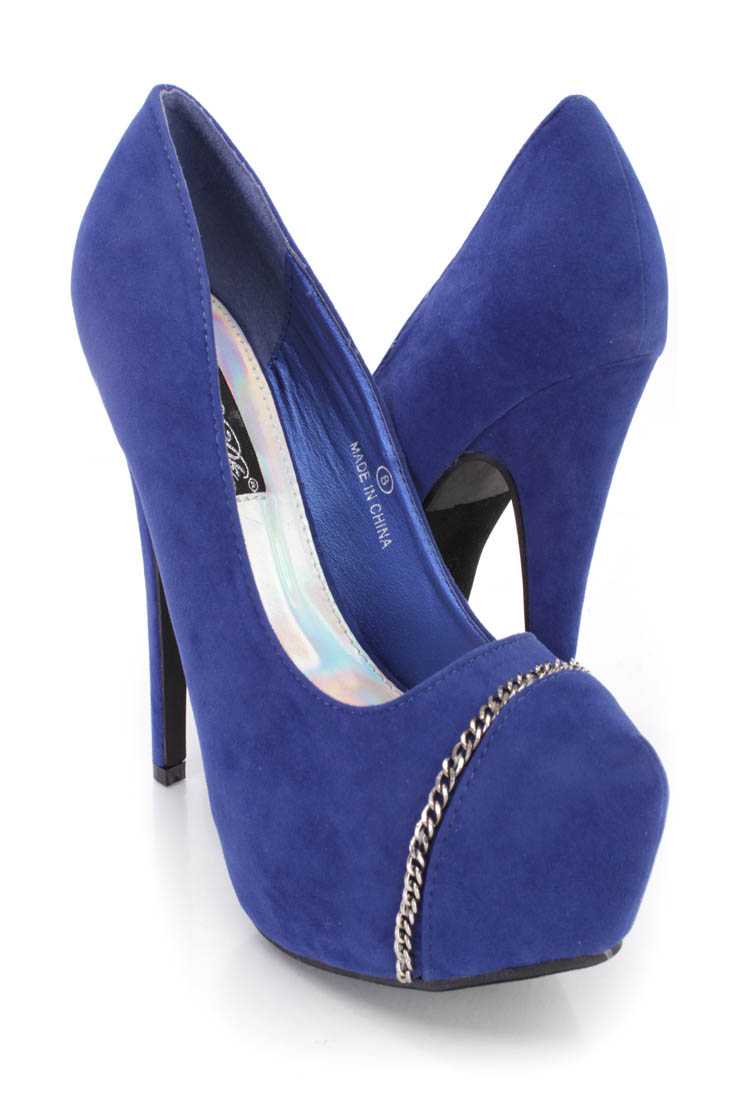 Royal Blue Chain Detail Platform Pump High Heels Faux Suede
