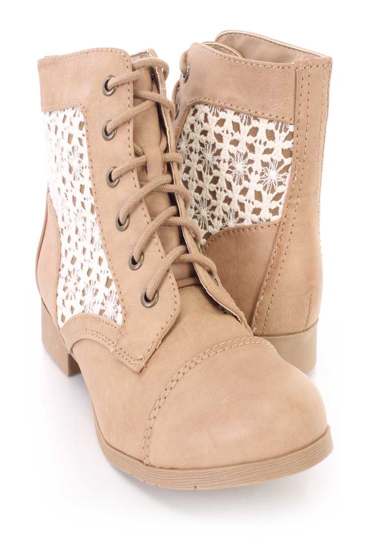 Taupe Closed Toe Crochet Detailing Lace Up Boots Faux Leather