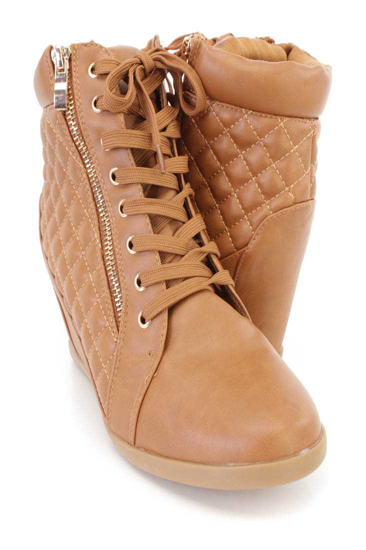Tan Lace Up Quilted Sneaker Wedges Faux Leather