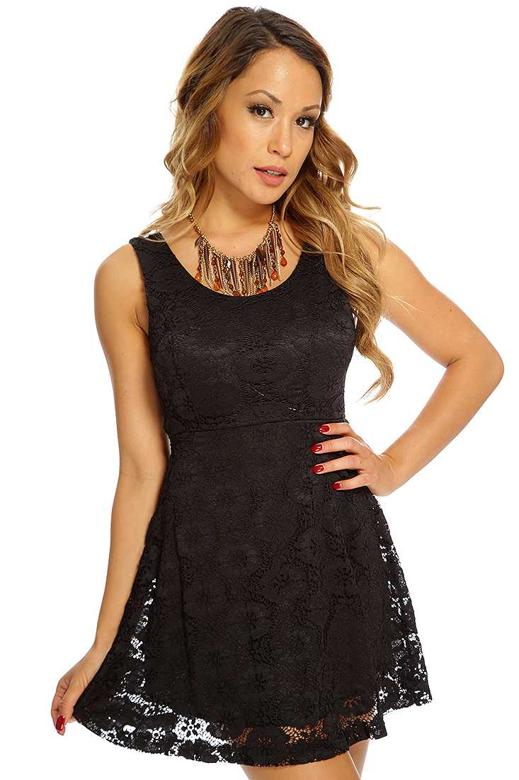 Black Floral Netted Sleeveless Cute Casual Sun Dress