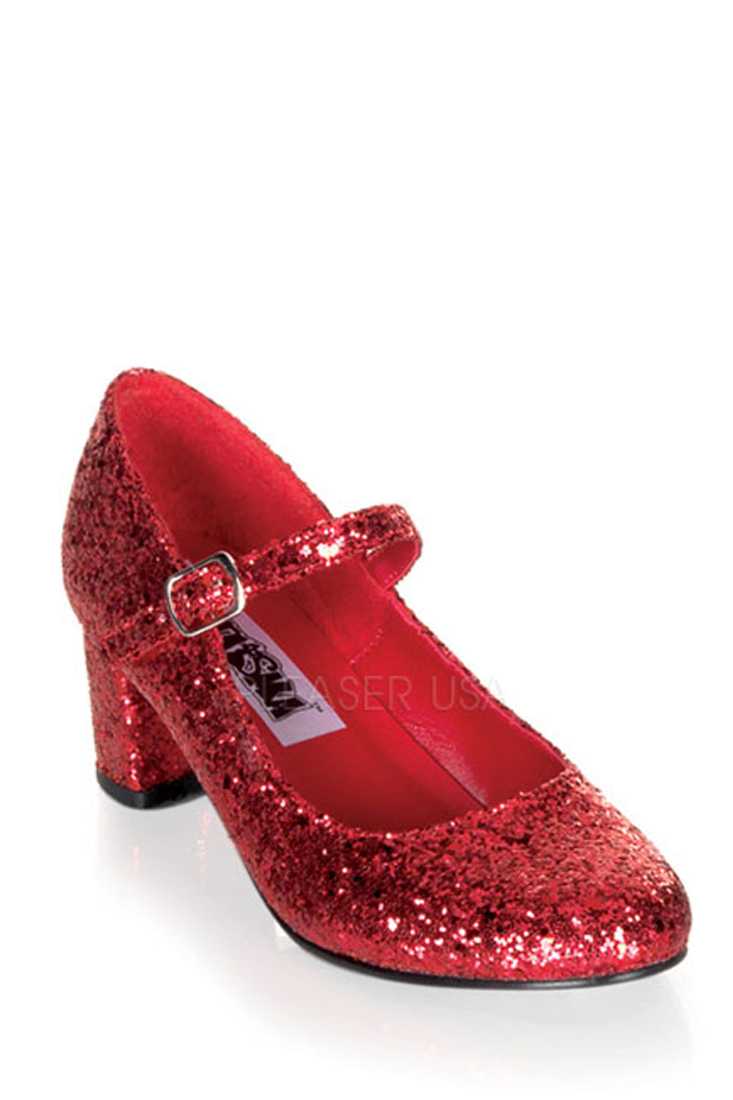 Red Maryjane Chunky High Heels Glitter