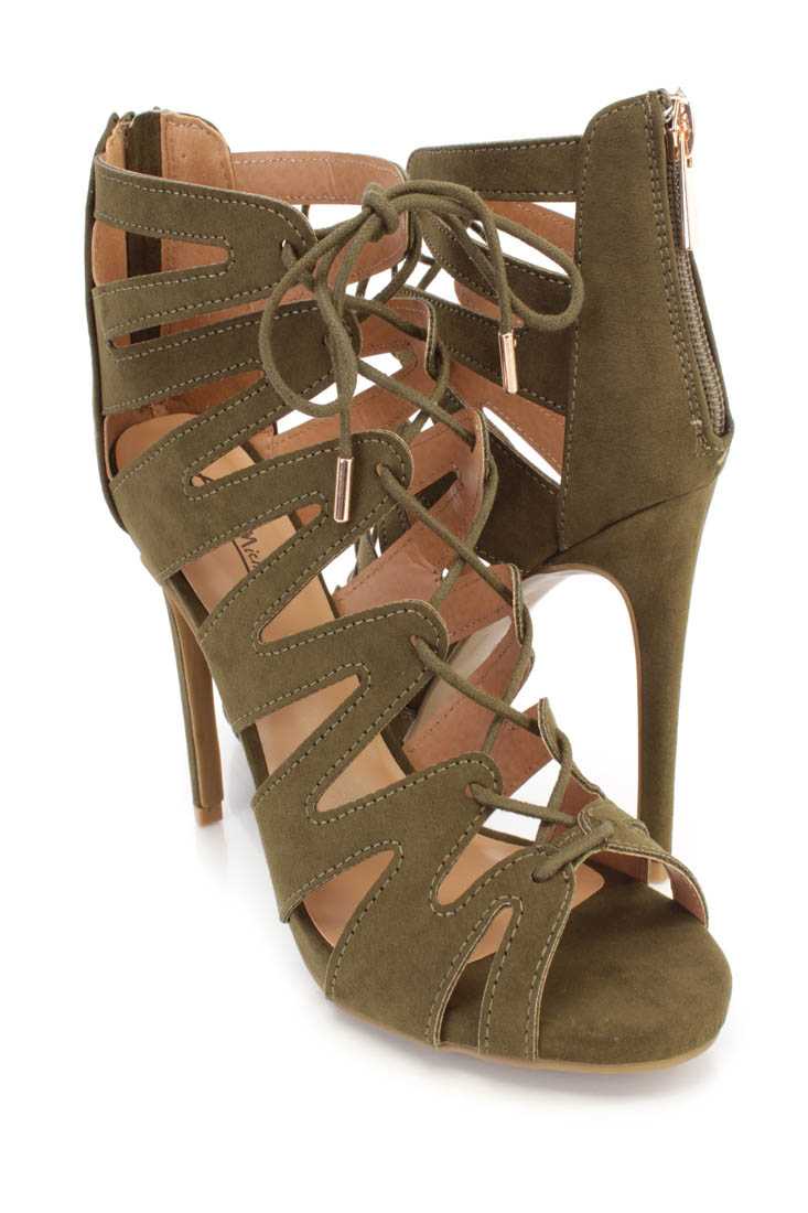 Olive Strappy Lace Up Single Sole Ankle Booties Faux Suede