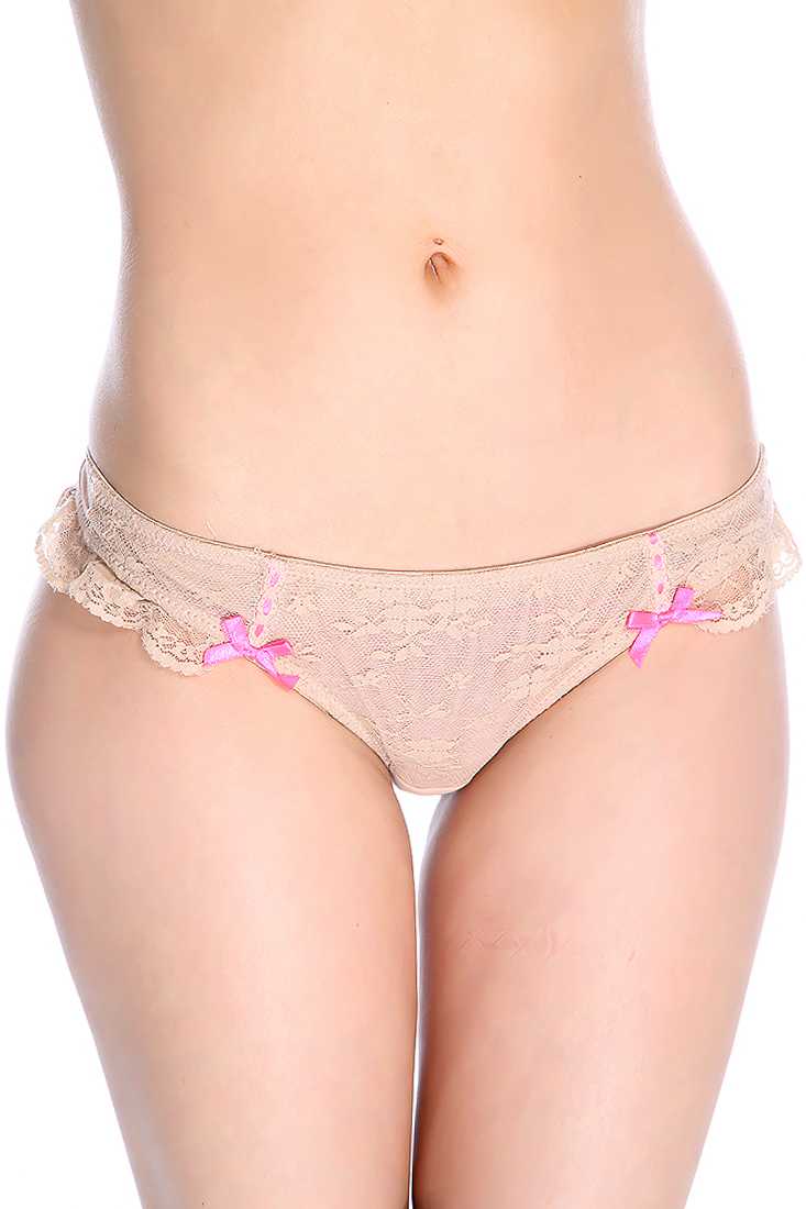 Sexy Tan Bow Detail Floral Lace Overlay Pantie