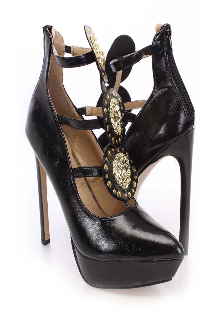 Black Lion Head Platform Heels Faux Leather