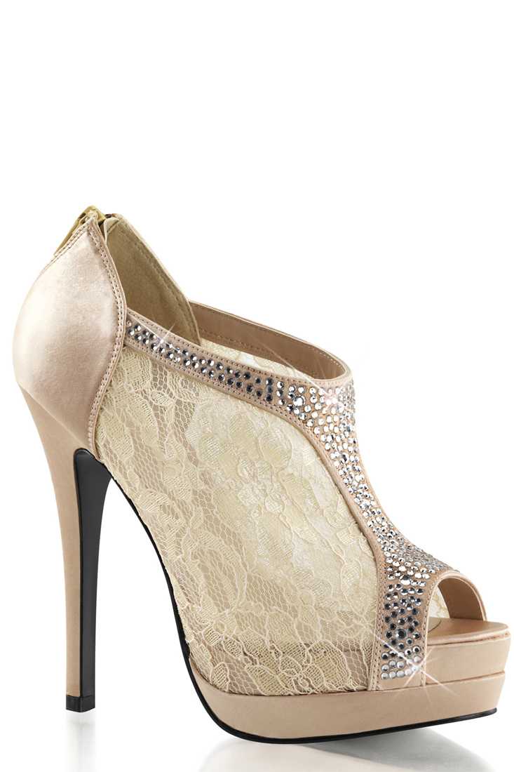 Champagne Rhinestone Peep Toe Bootes Satin Lace
