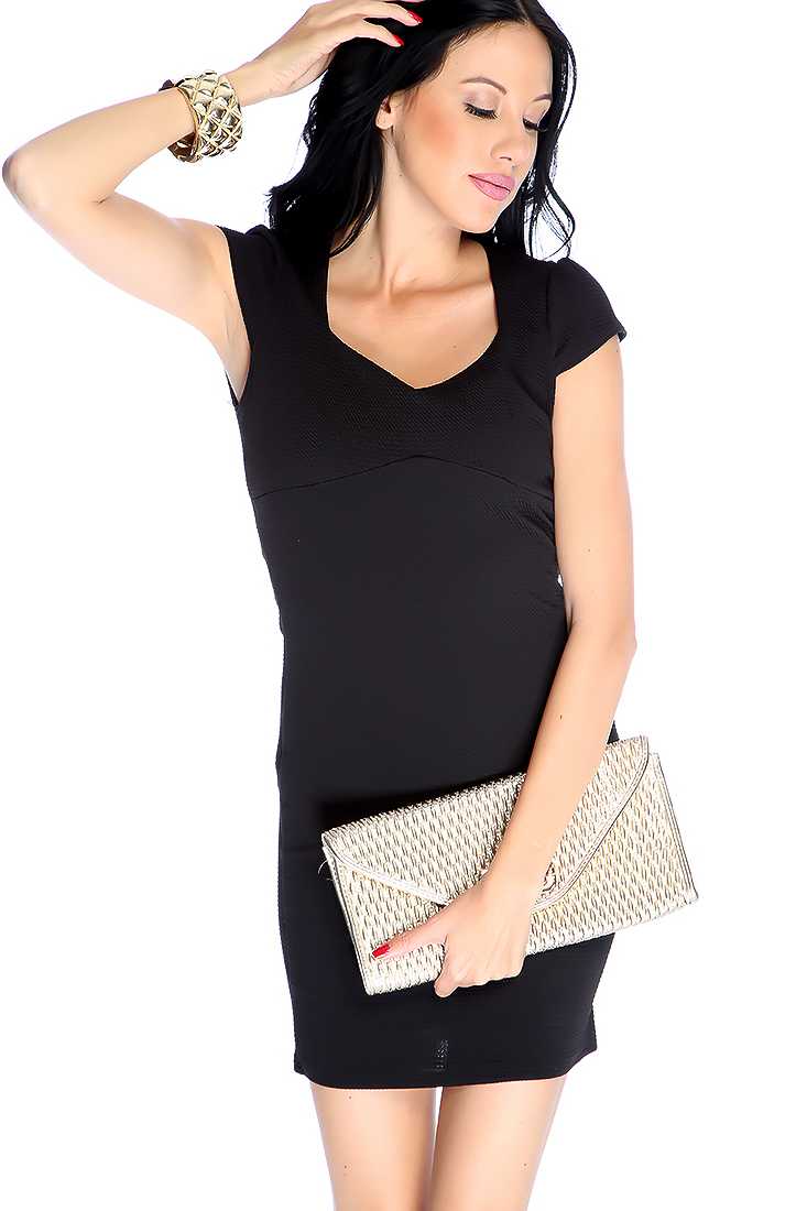 Sexy Black Short Sleeve V Neck Crochet Textured Fabric Party Dress