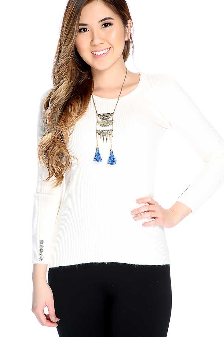 White Ribbed Long Sleeve Buttoned Casual Top