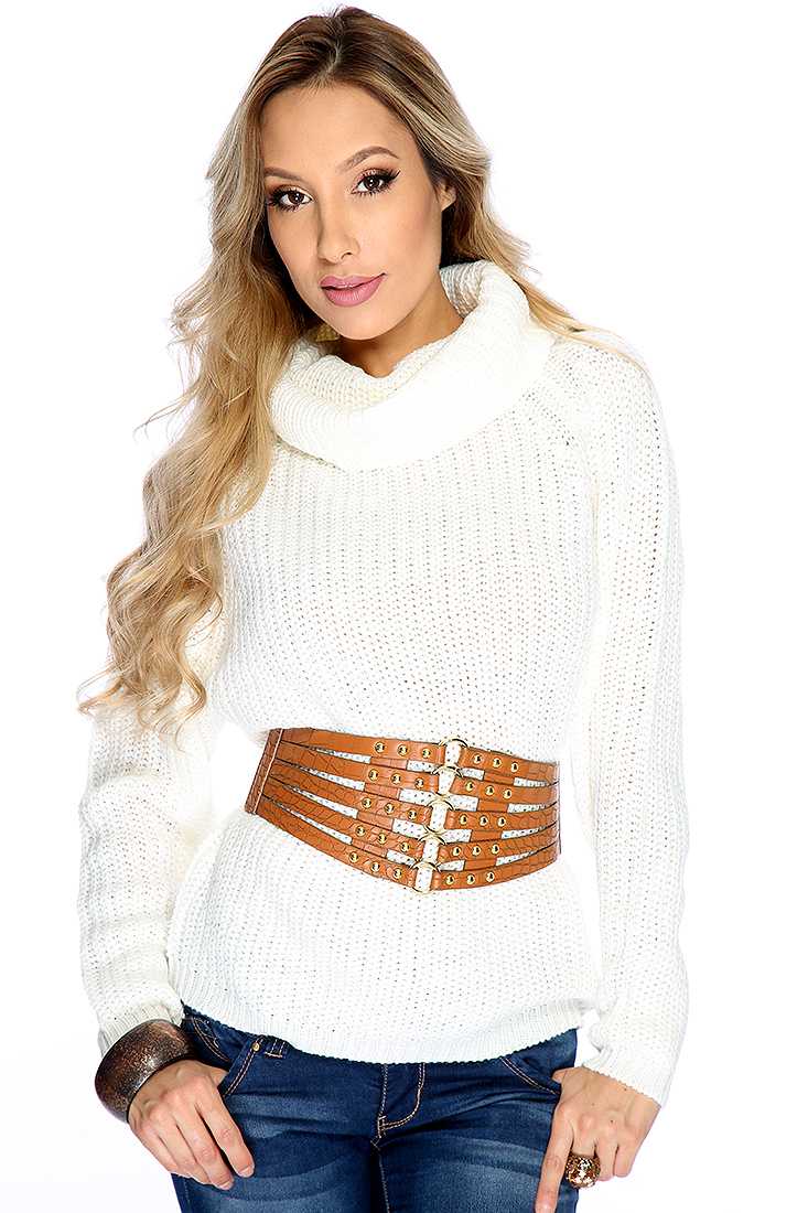 White Knitted Turtle Neck Long Sleeve Sweater Top
