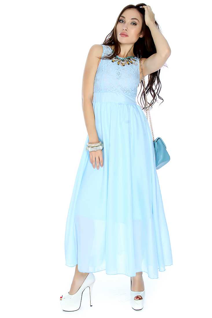 Sexy Light Blue Floral Lace Sleeveless Maxi Dress