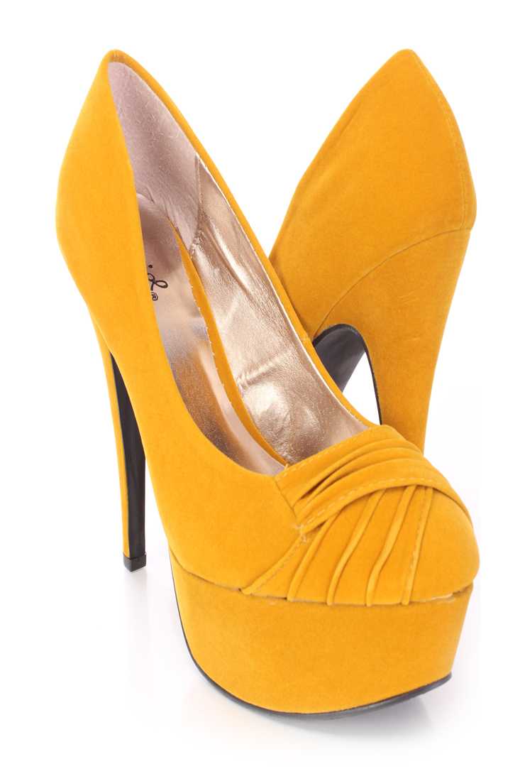 Mustard Pleated Vamp Platform Pump High Heels Velvet