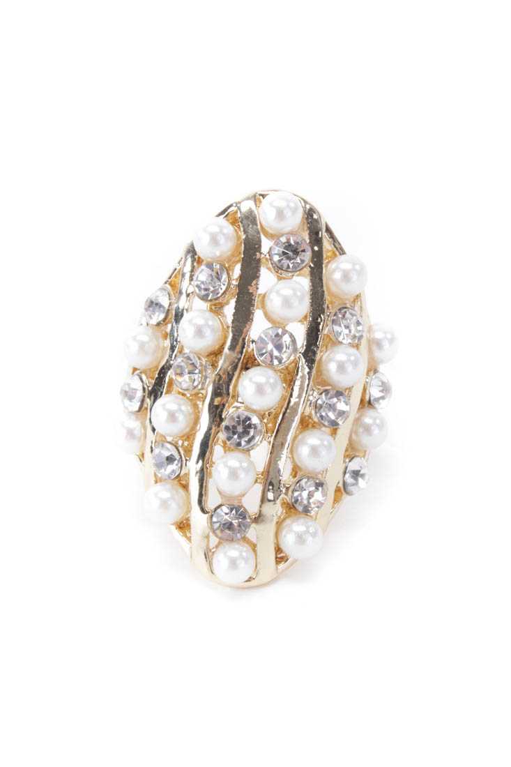Gold Rhinestone Pearl Detail Ring