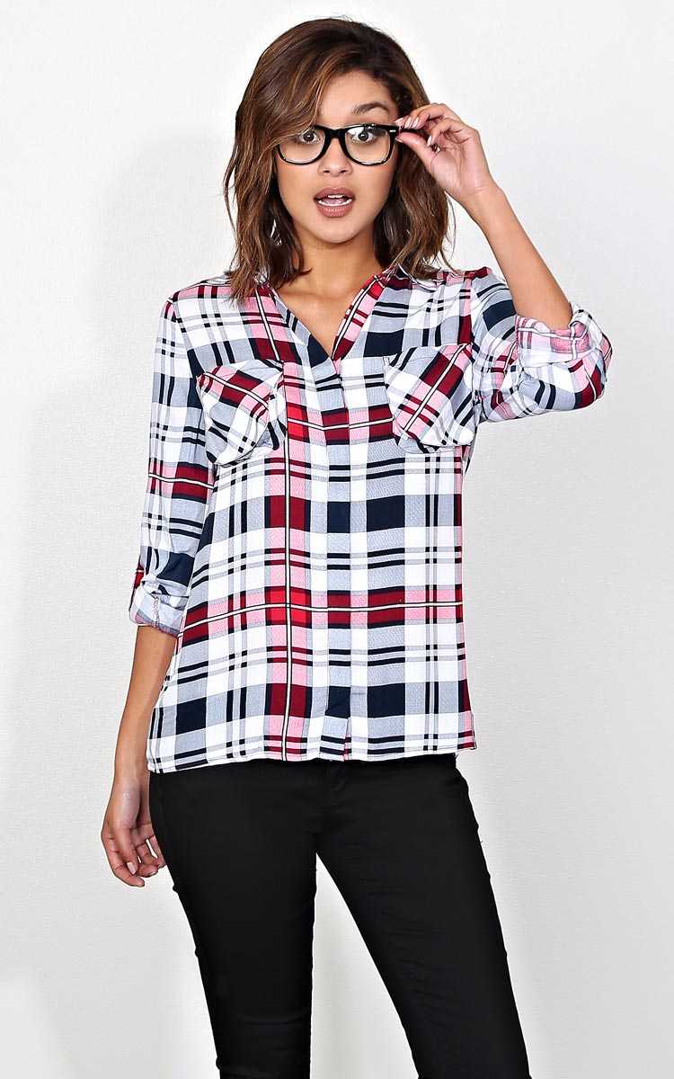 Nob Hill Draped Woven Plaid Top - - Red Combo in Size by Styles For Less