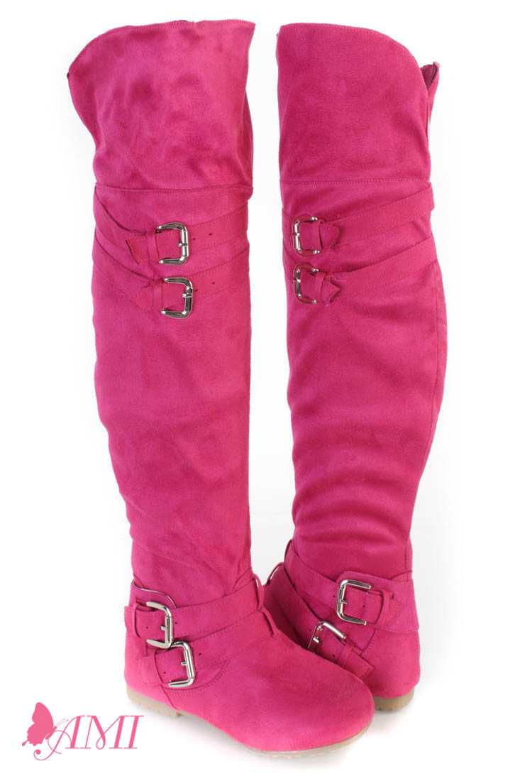 Fuchsia Buckle Accents Thigh High Flat Boots Faux Suede