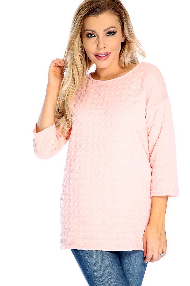 Peach Textured Pattern Quarter Sleeve Sweater Top