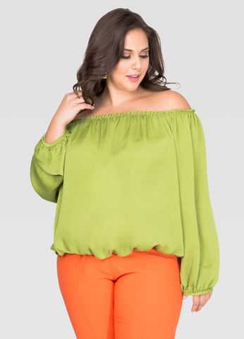 Satin Off-Shoulder Peasant Top