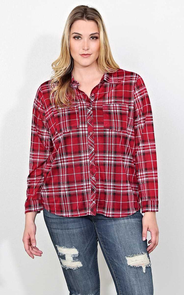 Plus Size Big Bear Knit Plaid Top - Burgundy in Size 1X by Styles For Less