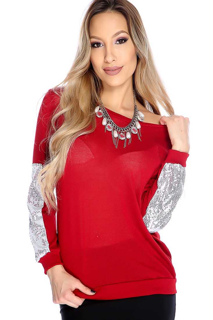 Casual Burgundy Sequin Long Sleeves Top