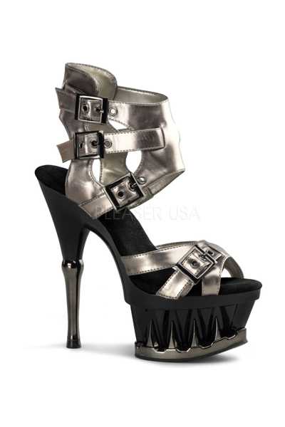 Pewter Faux Leather Strappy Peep Toe Platform Heels