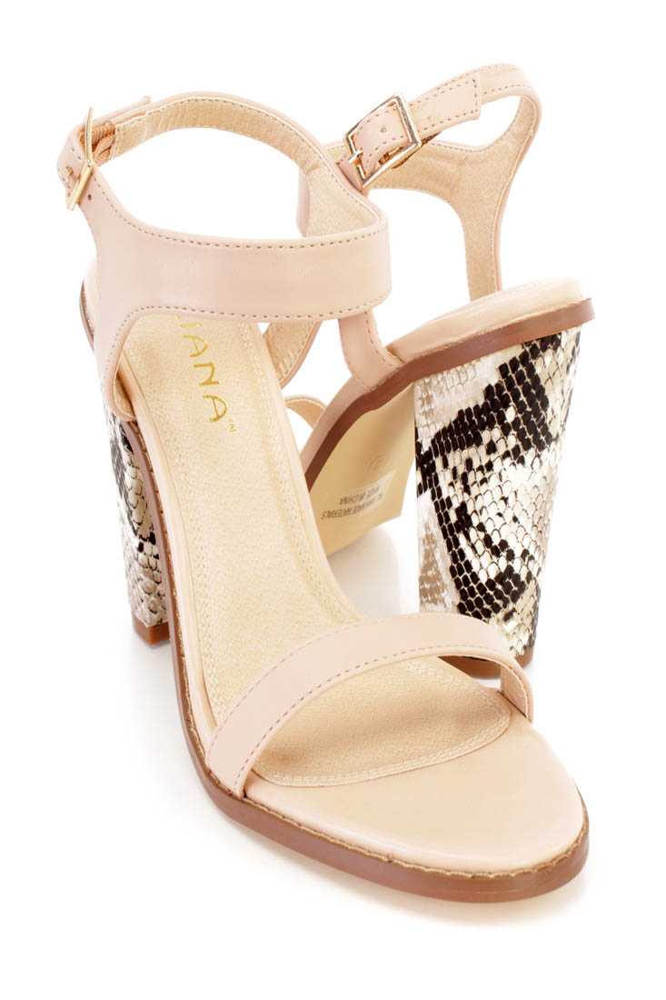 Nude Single Sole Snake Skin Print Chunky Heels Faux Leather