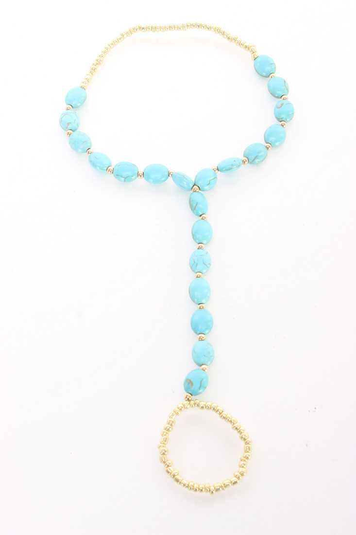 Gold Turquoise Two Toned Beaded Design Hand Ring Chain Bracelet