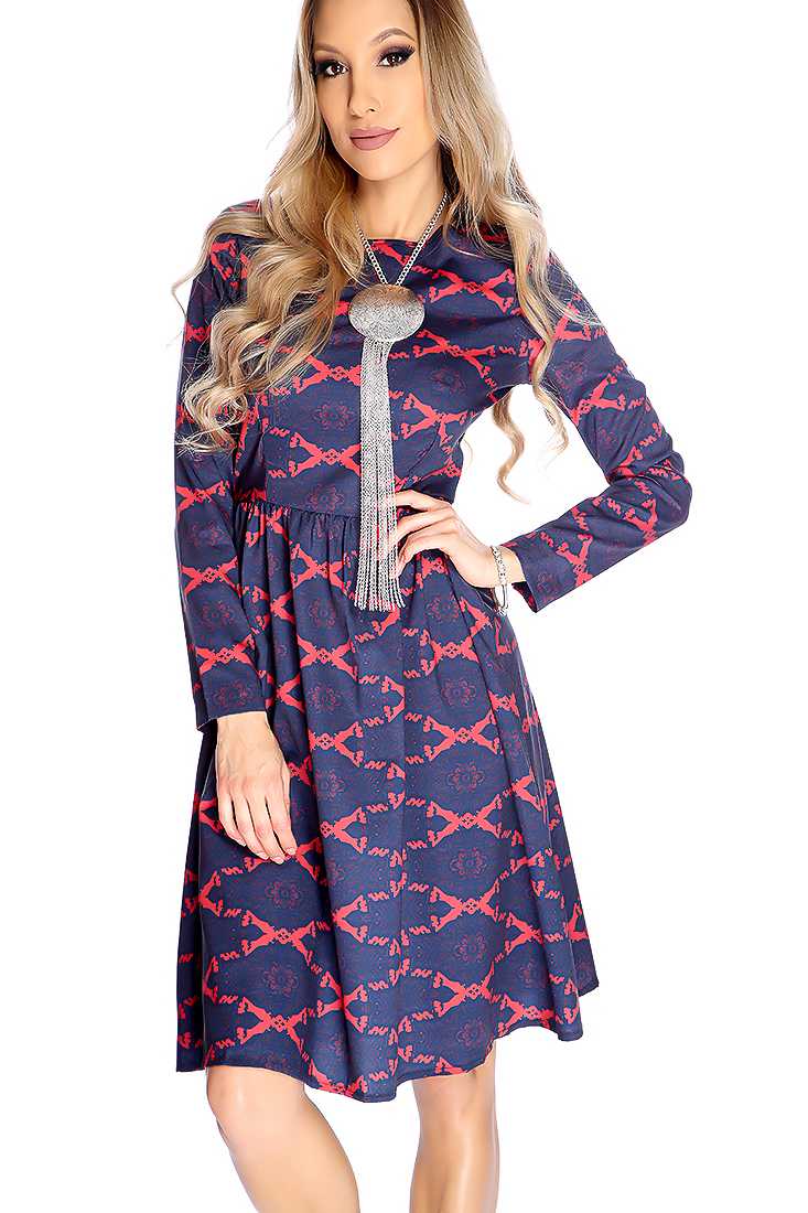 Navy Red Long Sleeve Floral Print Casual Dress