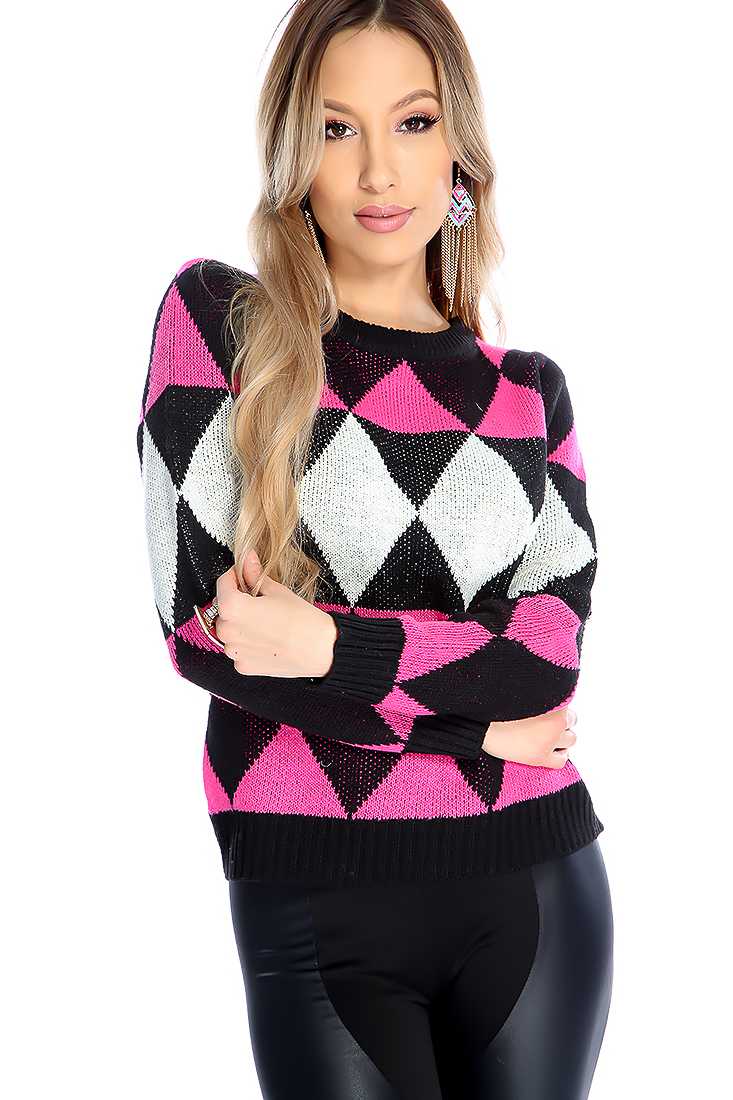 Black Fuchsia Knitted Diamond Design Sweater Top