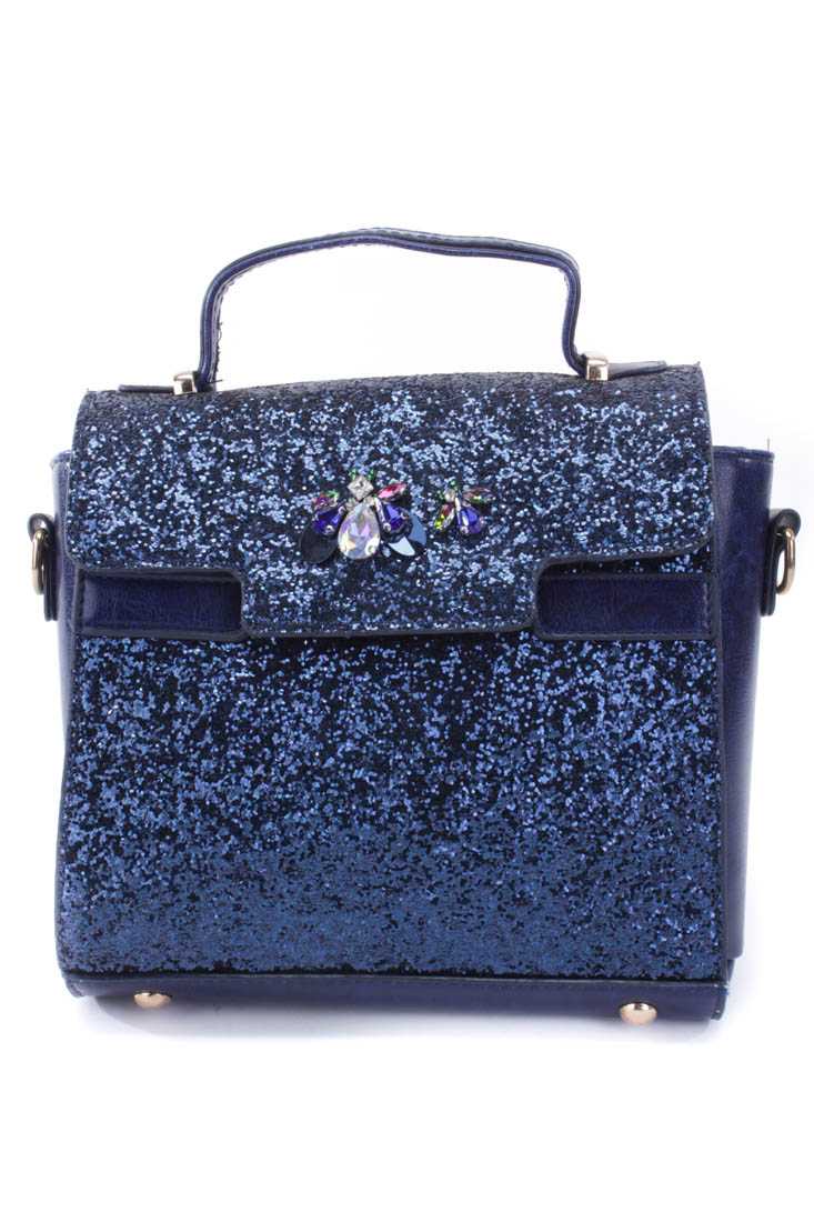Navy Glitter Gemstone Bug Broach Handbag