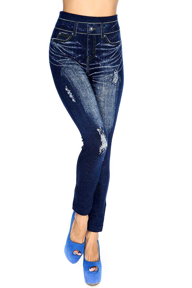 Casual Cute Navy Faded Wash Distress Print High Waist Jeggings
