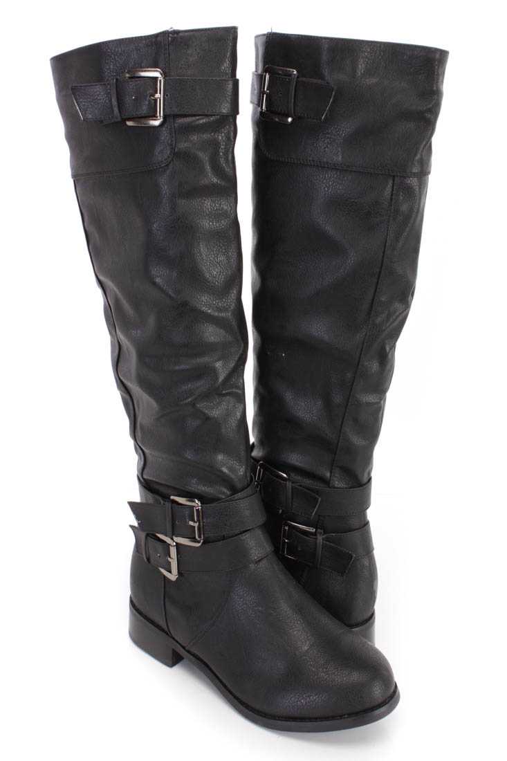 Black Strappy Knee High Boots Faux Leather