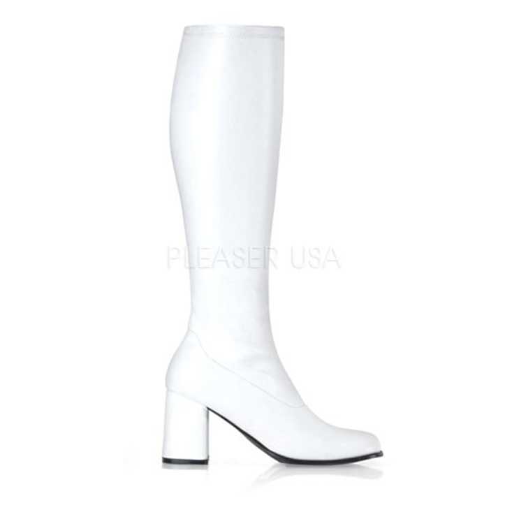 White Stretch Faux Leather Block Heel GoGo Boots