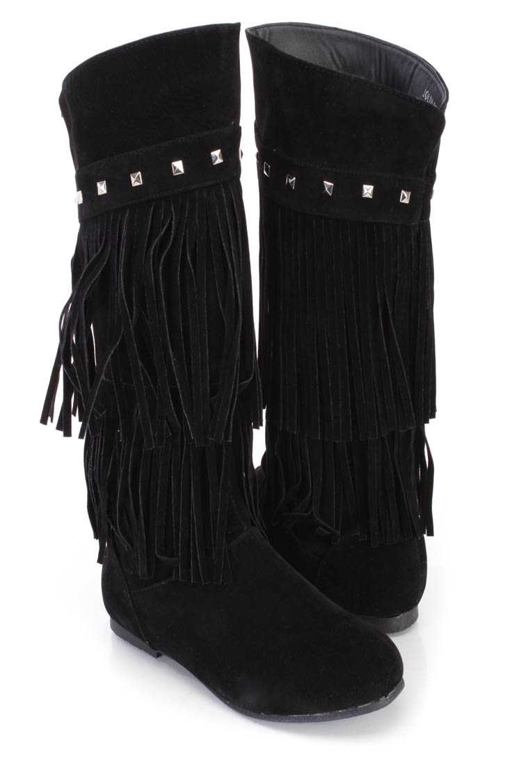 Black Fringe Tiered Studded Boots Faux Suede