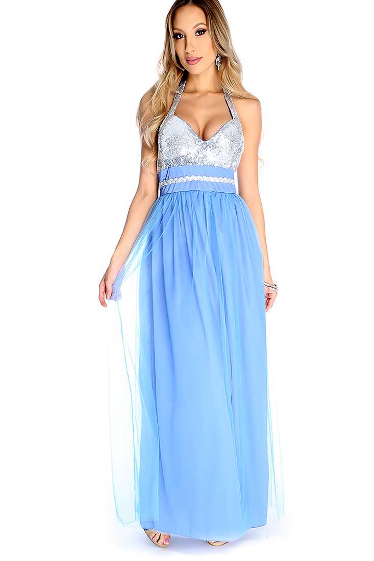Sexy Periwinkle Sequin Halter Top Tulle Skirt Maxi Party Dress