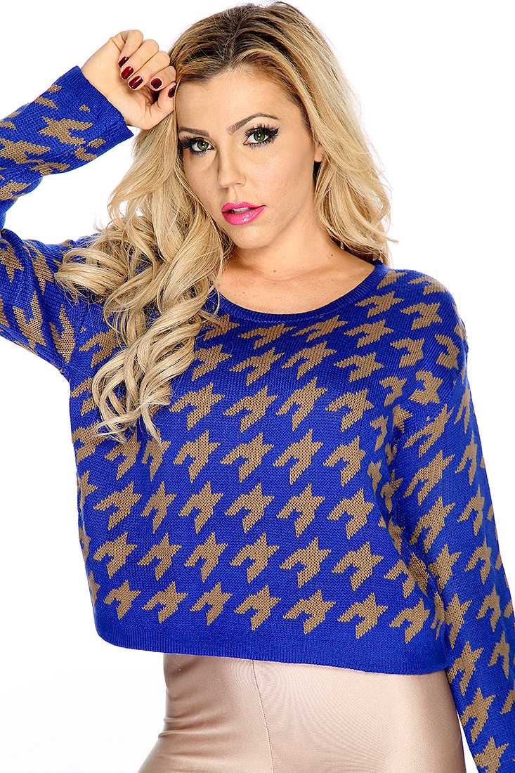 Compfy Royal Blue Tan Long Sleeve Fall Sweater