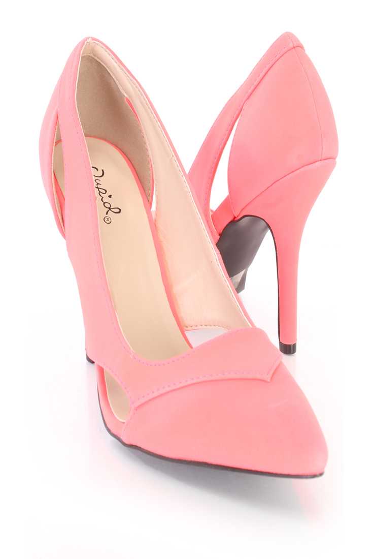 Neon Coral Cut Out Single Sole Pump High Heels Nubuck