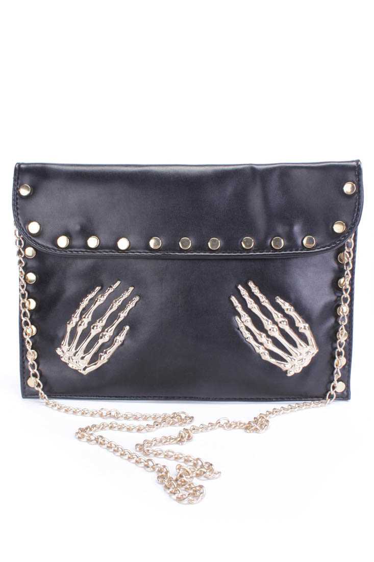 Black Studded Decor Hand Skull Accent Clutch Handbag