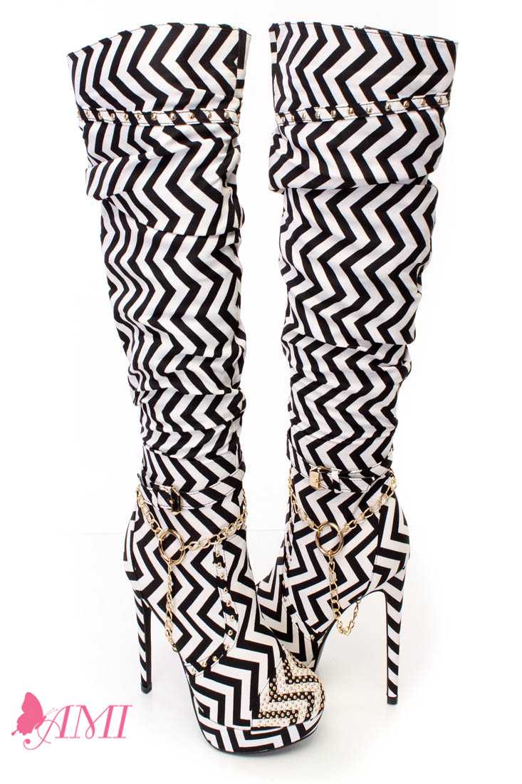 Black White Chevron Slouchy Studded Knee High Heel Boots Fabric