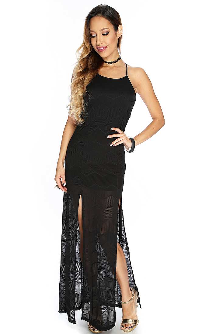 Sexy Black Chevron Netted Overlay Double Front Slit Maxi Prom Dress