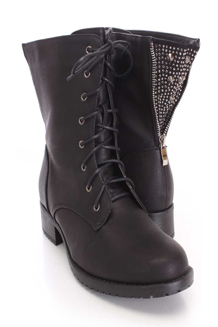 Black Spike Studded Rhinestone Accent Boots Faux Leather