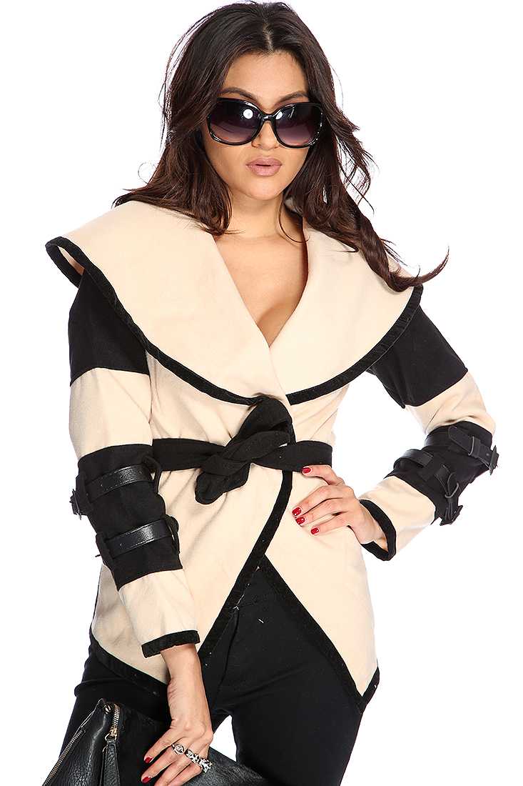Beige Black Two Tone Waist Tie Outerwear*CELEBRITY STYLE INSPIRED BY VICTORIA BECKHAM*