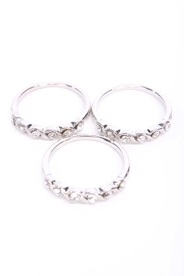 Silver Triple Band Centered Rhinestone Design Braided Rings