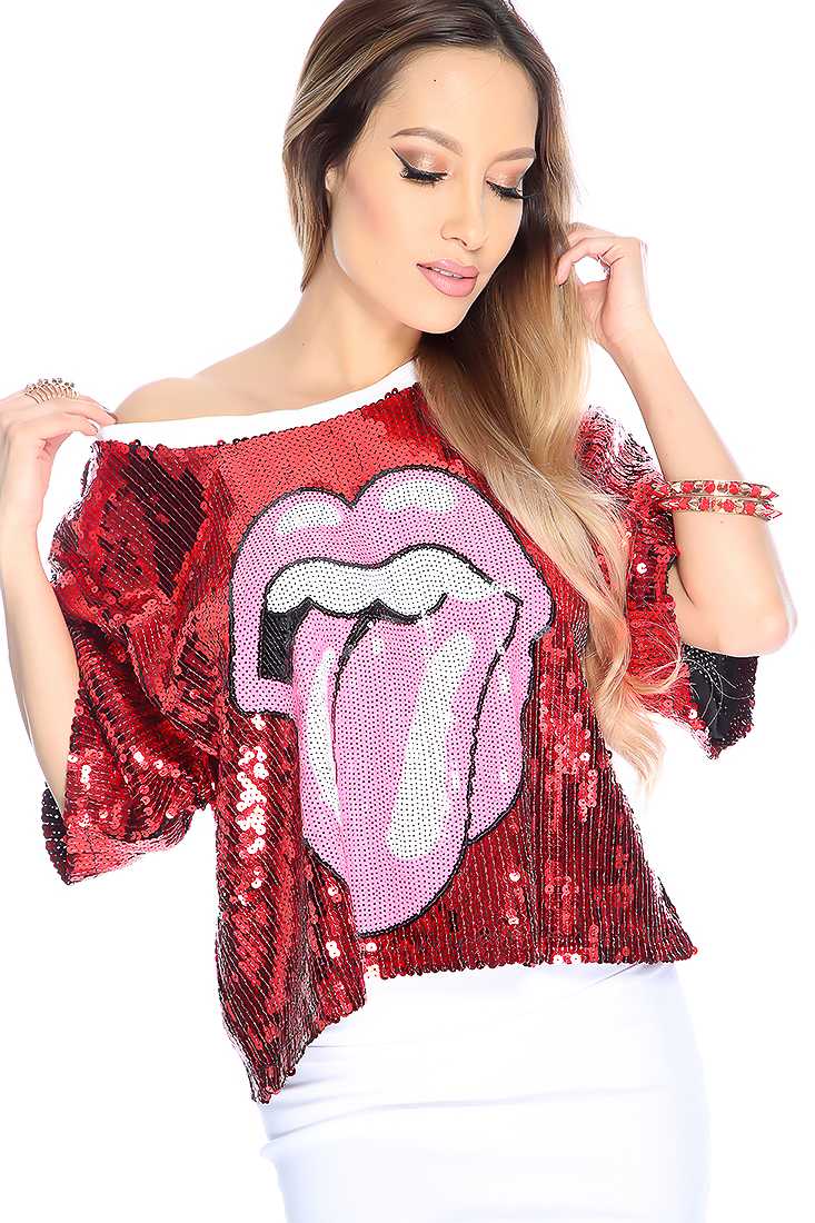 Red Short Sleeve Sequin Design Casual Top
